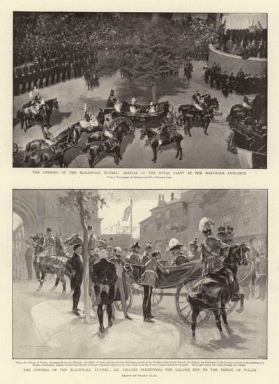 La inauguración del túnel de Blackwall, llegada de la comitiva real a la entrada norte, Dr. Collins presentando la llave dorada al Príncipe de Gales de Frank Craig